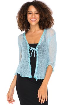 The cardigan to love for the frill of it! This gossamer mesh-like aqua knit cover up is as feminine as it is fun - a beautiful lightweight layer that dresses up casual looks or adds just a touch of coverage over revealing summer styles. Super-stretchy viscose creates a comfortable fit and never wrinkles, scrunching easily into your purse or carryon for travel or vacation. Naturally ruffled sleeves complement a full ruffle front that you can tie closed with the attached string or leave open in a pretty cascade. Back From Bali is dedicated to creating beautiful, quality clothing with a heart. All of our items are crafted, sewn and painted by hand in Bali, by local artists and women who own small home businesses. For over 20 years, we have nurtured fair, honest and caring relationships with o Tie Front Bolero, Mesh Knit Sweater, Shrug For Women, Sheer Shrug, Feels Heavy, Sweater Shrug, Sheer Cardigan, Cardigan Shrug, Dress Cardigan