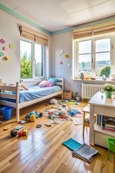 a child's bedroom with wooden floors and lots of clutter on the floor