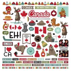 the canada sticker sheet is shown with canadian symbols and other things to do on it