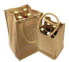 two jute bags with bottles in them