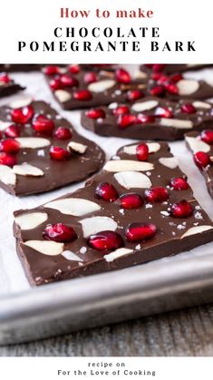 how to make chocolate pomegranate bark on a baking sheet with text overlay