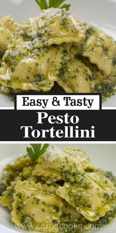 pasta with pesto and cheese on top in a white bowl, next to an image of