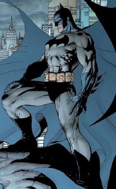 batman standing in front of a cityscape with his hands on his hips and one hand on his hip