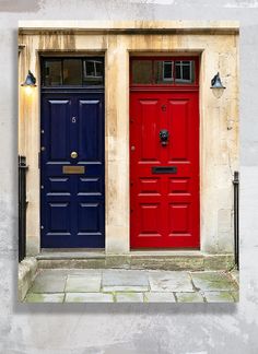 two red and one blue doors in front of a building