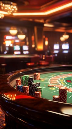 a casino table with poker chips on it