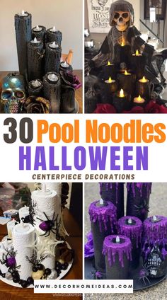 halloween decorations with candles and skulls on them are featured in this postcard for pool noodles