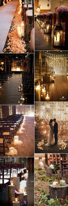 a collage of pictures with candles and flowers on the floor, in front of rows of chairs