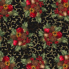 a christmas pattern with pine cones, holly leaves and acorns on a black background