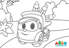 a coloring page with a cartoon character driving a truck and flowers on the ground in the background