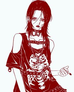 a drawing of a woman holding a knife and wearing a skeleton shirt with chains around her neck