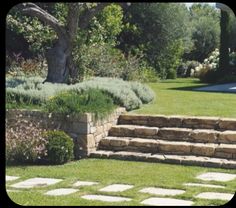 stone steps lead up to the lawn in front of a tree and shrubbery area