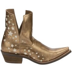 Dazzle and shine in the 6 1/2" Vina boot in Gold from the Miss Enid Collection. This boot is scattered with embroidered stars and features a luxe, metallic finish for a one-of-a-kind look. It's designed with a cushioned insole, rubber outsole, fashionable toe and versatile 1 1/2 underslung heel. Size: 5.5.  Gender: female.  Age Group: adult. Girls Fall Boots, Corral Boots Womens, Nocona Boots, Kids Ankle Boots, Embroidered Stars, Girls Ankle Boots, Girls Heels, Dress Boots, Boots Womens