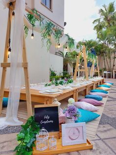 a long table set up with place settings