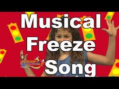 a girl with her hands up in front of a red background that says musical freeze song