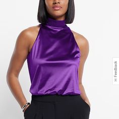 Description A Beautiful Shiny Satin Top Is The Perfect Piece To Elevate Your Look. Pair With The Matching Skirt Or A Pair Of Trousers For A Chic And Stylish Fit. Features & Fabric Mock Neck Sleeveless Satin Fabric; Lined Cinched Hem Matching Skirt: #07650394 Polyester/Spandex Silk Halter Top, Purple Silk, Satin Top, Royal Purple, Grand Opening, Satin Fabric, Halter Top, Polyester Spandex, Mock Neck