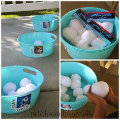 four pictures show how to make cotton balls in a bucket and then put them in a container