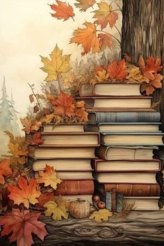 a painting of books stacked on top of each other in front of a tree with autumn leaves