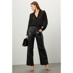 Black faux leather (100% Polyurethane). Pants. Front zipper fly with button closure. 30" inseam. 12" rise. 21" leg opening. Imported. Straight Leg Leather Pants, Rent The Runway, Leather Trousers, Closet Designs, Derek Lam, Black Faux Leather, Front Zipper, Leather Pants, Straight Leg