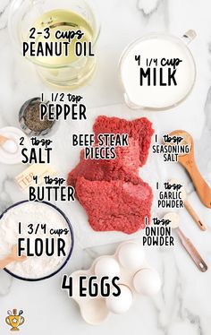 ingredients to make the best meatloaf recipe on a marble counter top with text overlay