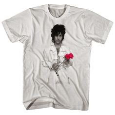 a white t - shirt with an image of michael jackson holding a rose