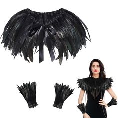 a woman is wearing black feathers and has her hands on her hips