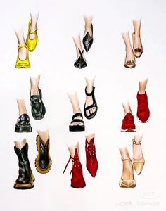 nine pairs of women's shoes in different colors and sizes, all with high heels