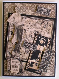 a collage of old movie posters is displayed on a white wall with black and brown paper