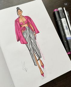 a drawing of a woman in a pink jacket and striped pants, next to markers