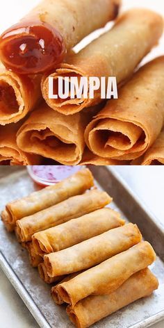 some food is laying out on a pan and the words lumpia are above them