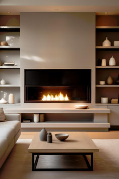 a living room filled with furniture and a fire place in the middle of the room