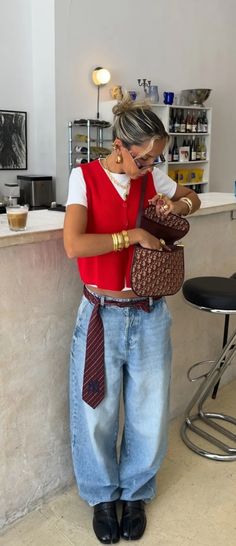 Feminine Indie Outfits, Maximalist Fashion Aesthetic, Dublin Fashion Street Style, Crazy Outfits Aesthetic, Red Tie Outfit, Vest Outfits For Women Aesthetic, Girly Streetwear Fashion, Futch Outfits, Futch Aesthetic