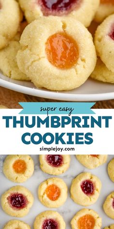 some cookies with jelly on top and the words super easy thumbprint cookies above them