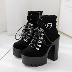 Elevate your style and comfort with our Gothic Suede Buckle Strap Lace-Up Platform Boots. These trendy boots, with D-ring lace-ups, buckle strap, and side zip closures, are versatile for any look. Crafted from premium suede leather with a sturdy rubber outsole, these boots offer both fashion and function. Get yours in black today! D-ring lace-ups Buckle strap Side zip closures Premium suede leather Sturdy rubber outsole Gothic Boots Women, Cute Black Shoes, Party Shoes Heels, Cute Converse Shoes, Foto Best Friend, Casual Shoes Women Sneakers, Fashion Shoes Heels, Cute Shoes Heels, Trendy Boots