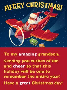 an airplane with santa claus flying through the sky on it's wings and saying merry christmas