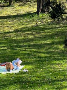 a woman laying on top of a blanket in the grass