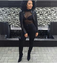 Black Sheer Top Leather Pants, Sheer Blouse Outfit Classy, Sheer Top Outfit Black Woman, Sheet Mesh Top Outfit, Sheer Top And Jeans Outfit, Mesh Bodysuit Outfit Jeans, Shear Shirt Outfits, Outfits With Sheer Tops, Black See Thru Top Outfit