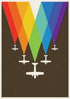 an image of four airplanes flying in the sky with rainbows on them and one plane is upside down