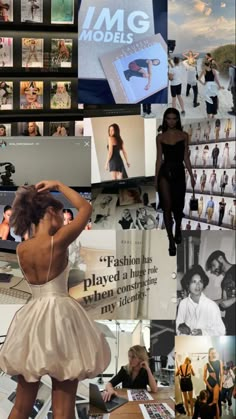 a collage of photos with women in black and white outfits, including images from models