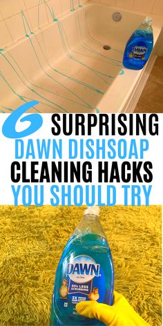 cleaning supplies that are on the floor in front of a bathtub with text overlaying