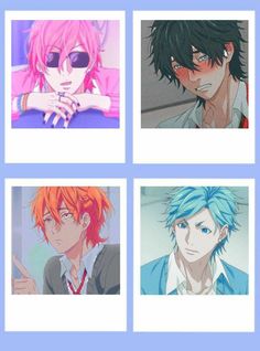 four anime characters with different colored hair