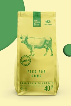 a bag of feed for cows on a green and yellow background