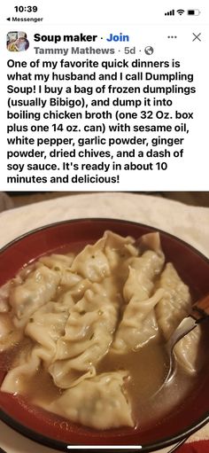 a red bowl filled with dumplings on top of a table