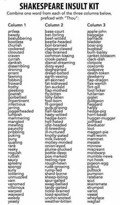 shakespeare's insult kit for children to learn how to use the words and numbers