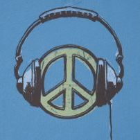 a peace sign with headphones hanging from it's sides on a blue background