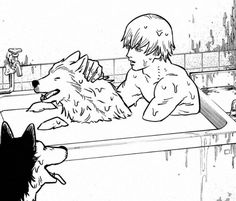 black and white drawing of a boy taking a bath with his dog in the sink