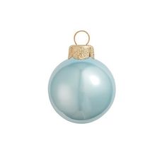 a blue christmas ornament hanging from a gold - plated metal hook on a white background