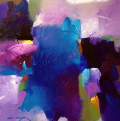 an abstract painting with blue, purple and yellow colors