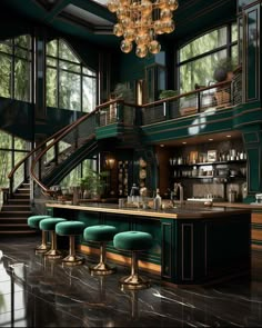 a green and gold bar with stools under a chandelier in a house