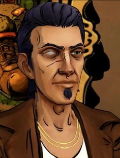 an animated image of a man with blue hair and piercing on his nose, wearing a brown jacket