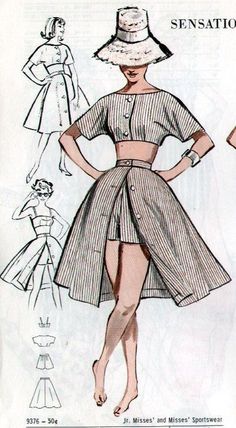 a woman's dress and hat is shown in an old fashion sewing pattern from the 1950's